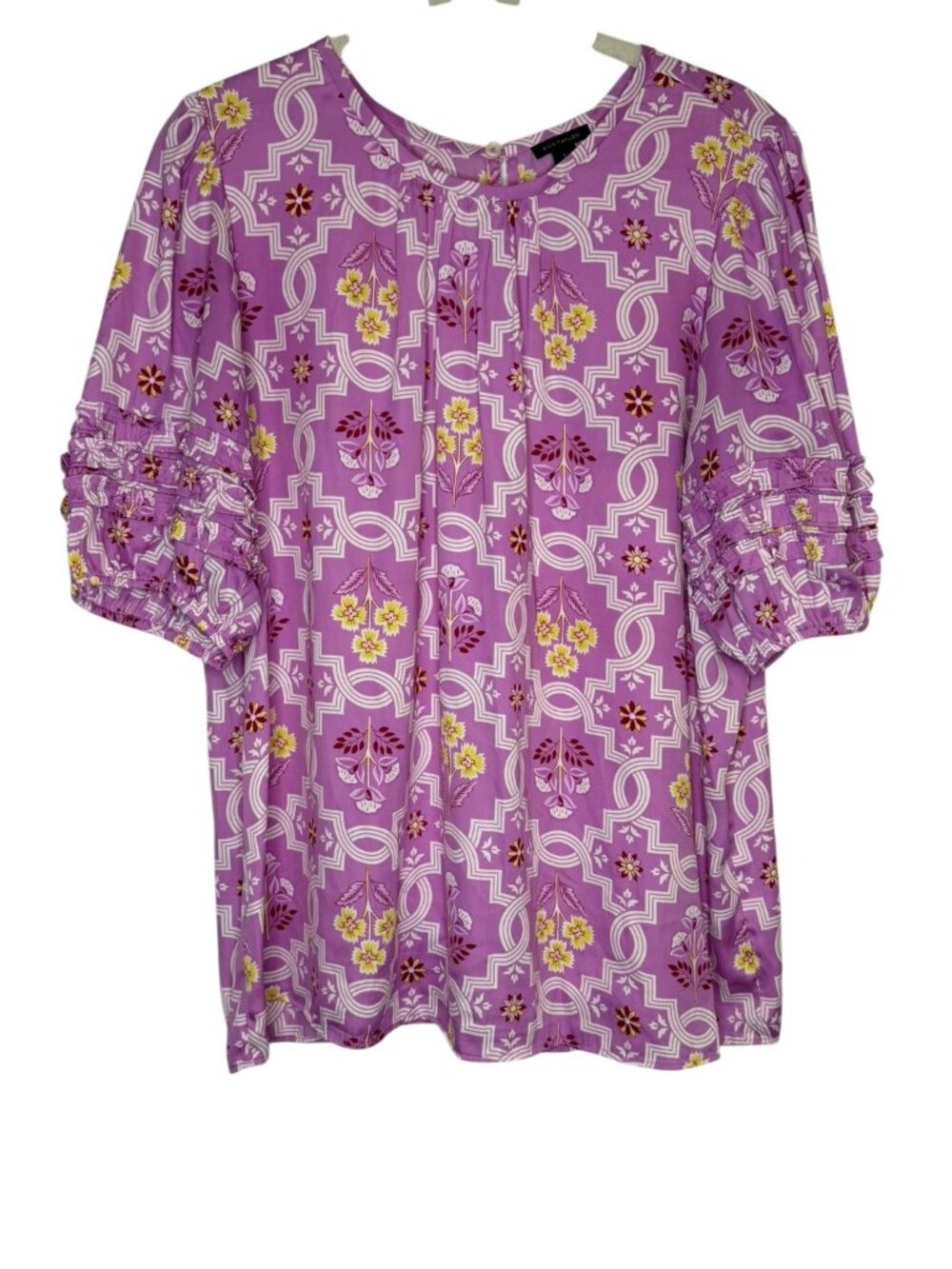 Ann Taylor Lavender Tile Print Ruffle Sleeve Top - Size L